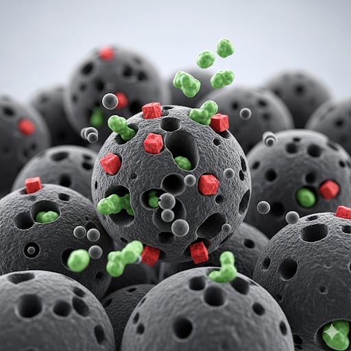 Ilustración esquemática del proceso de adsorción, mostrando las moléculas de contaminantes pegándose a la superficie de una partícula de carbón activado.